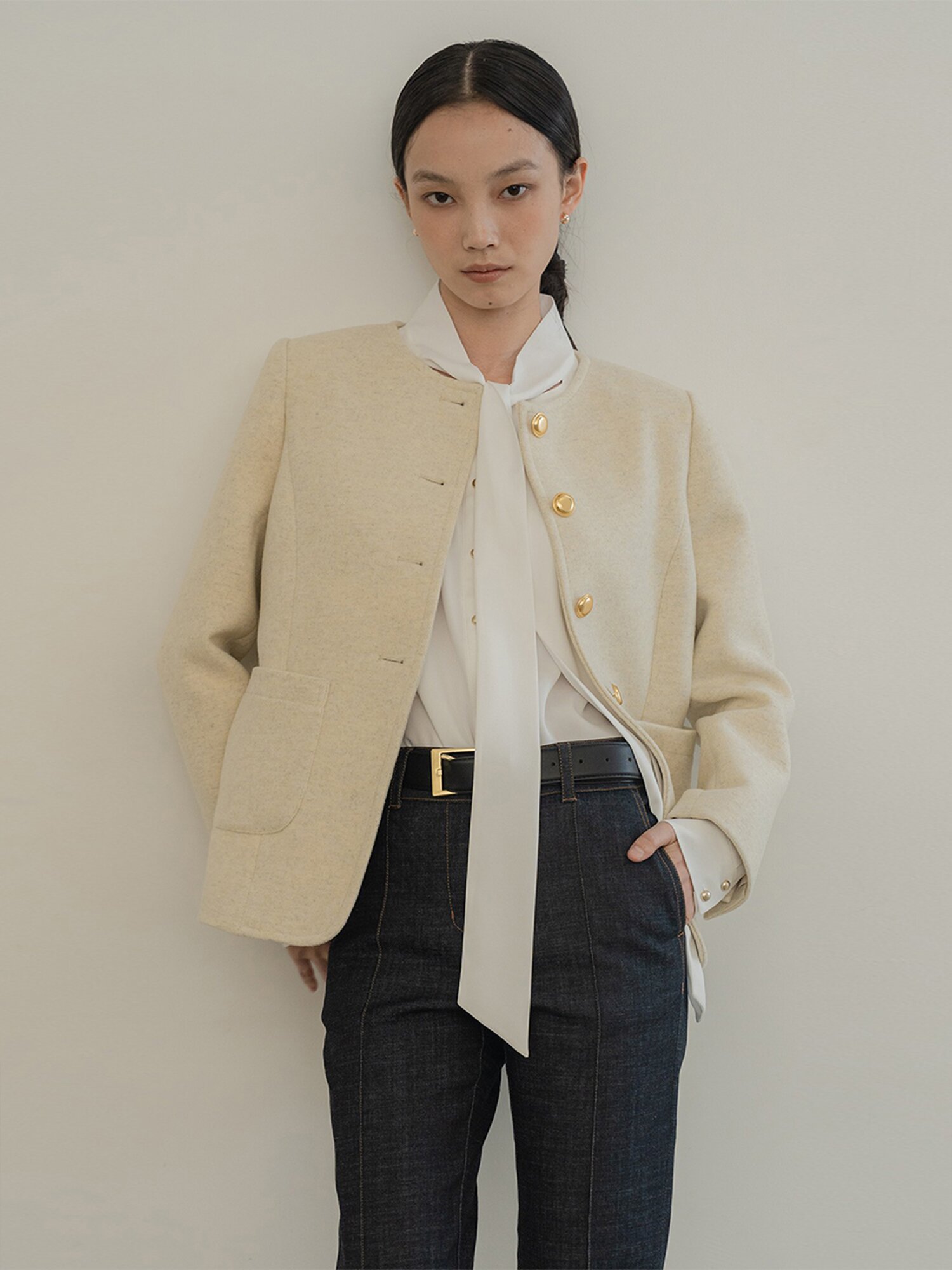 [24FW] WOOL CREAMY TWEED HALF COAT