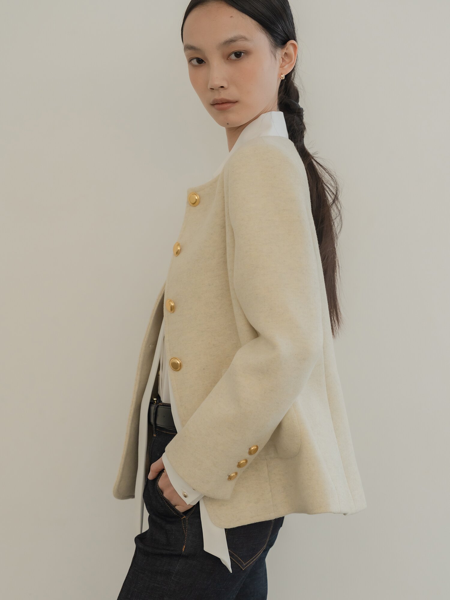 [24FW] WOOL CREAMY TWEED HALF COAT