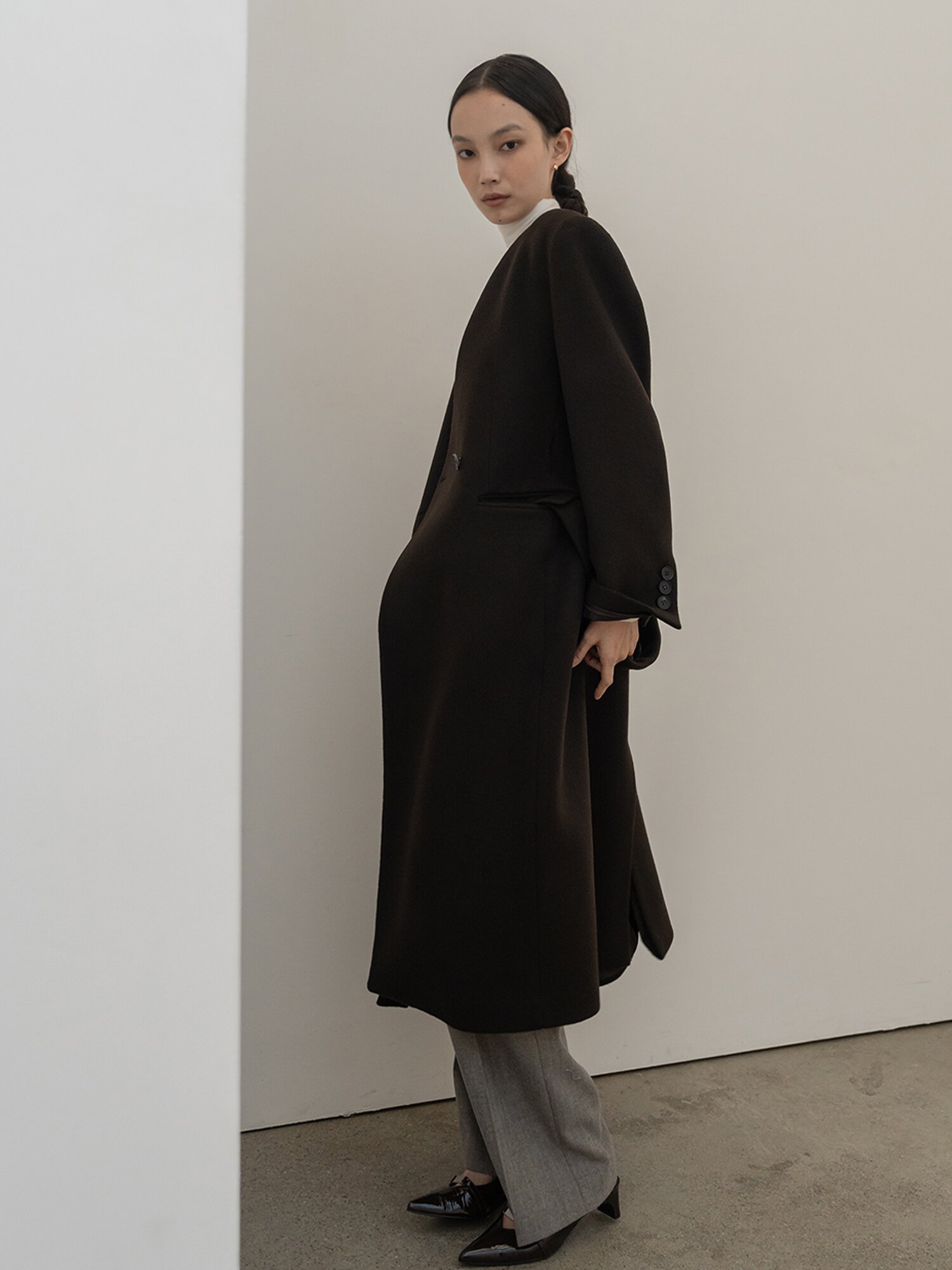 [24FW]CASHMERE ONE COLLARE SOLID LONG COAT DARK BROWN