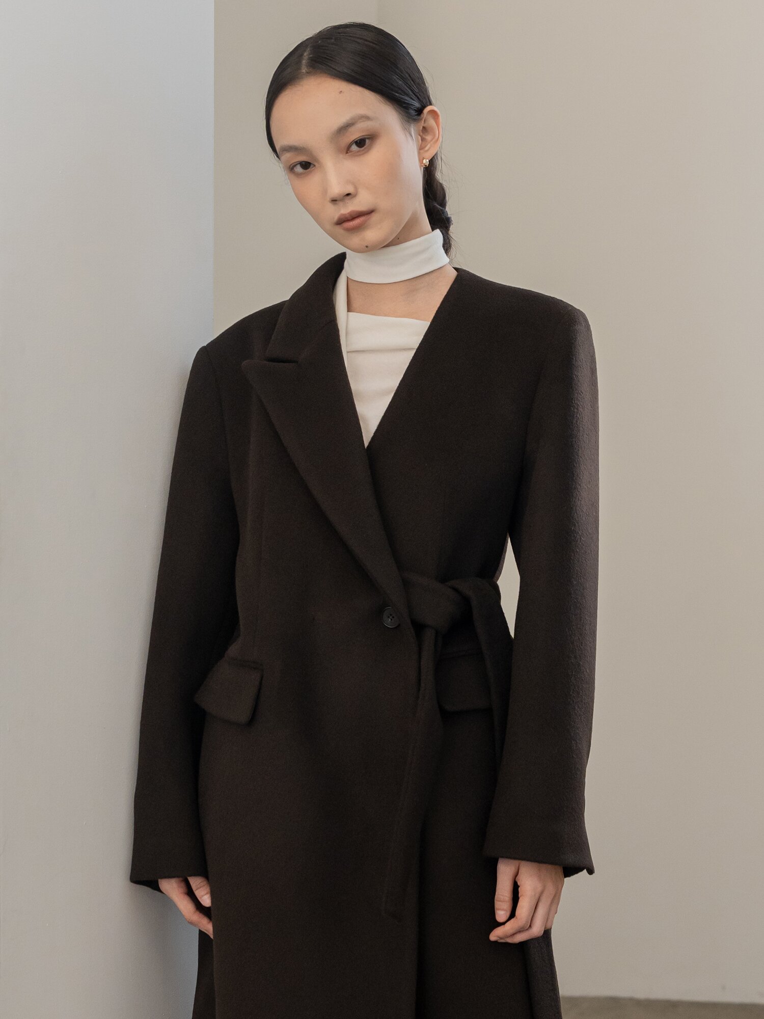 [24FW]CASHMERE ONE COLLARE SOLID LONG COAT DARK BROWN