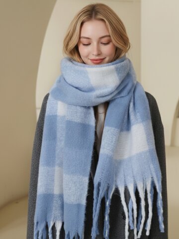 벨니나 부드러운 체크 수술 여성 롱 니트 머플러 목도리