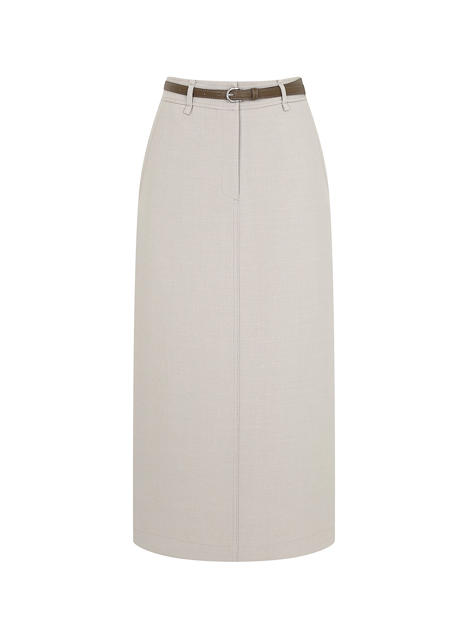라벨 장식 백 슬릿 H라인 스커트 (BEIGE)