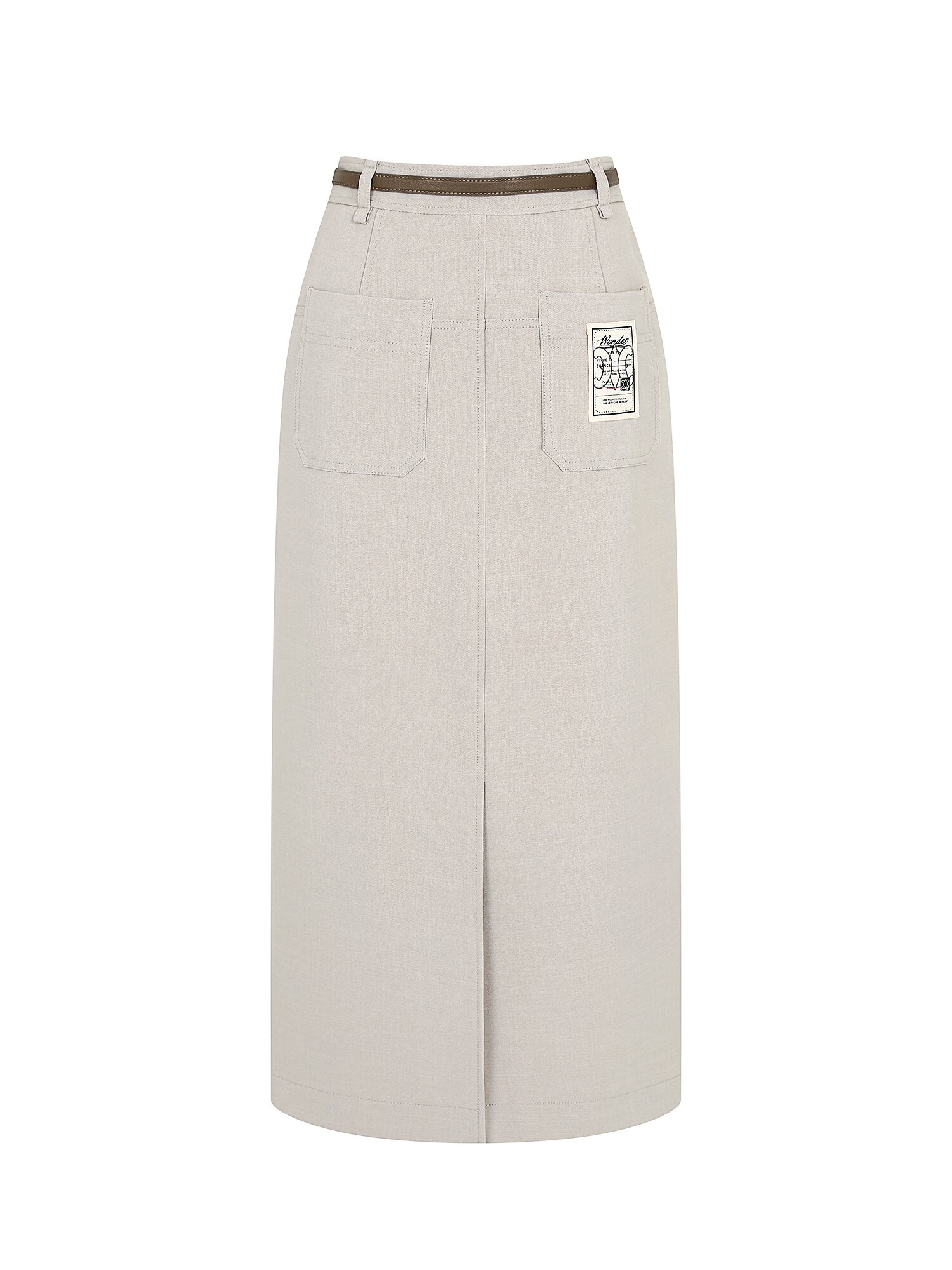 라벨 장식 백 슬릿 H라인 스커트 (BEIGE)