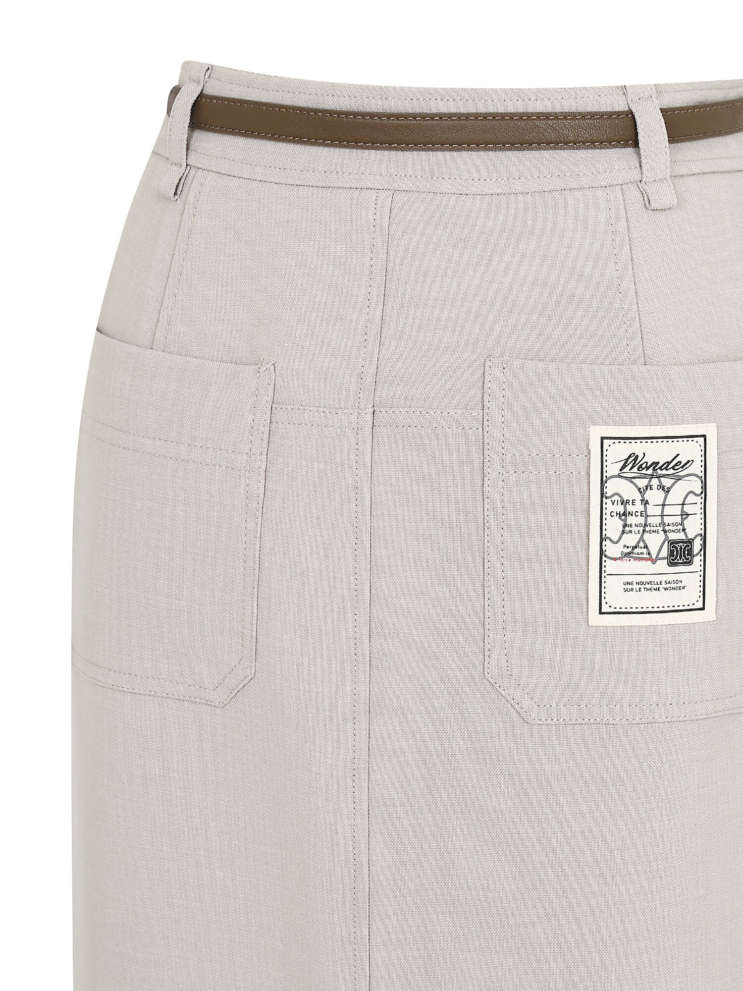 라벨 장식 백 슬릿 H라인 스커트 (BEIGE)