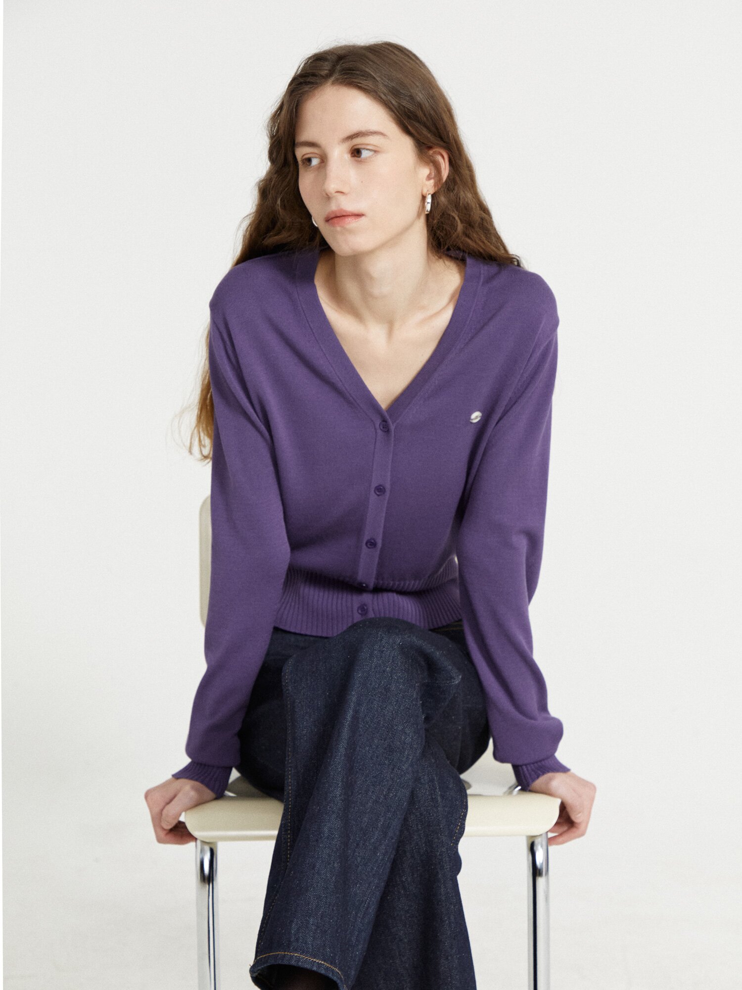 와이드 리브 브이넥 가디건 (PURPLE)