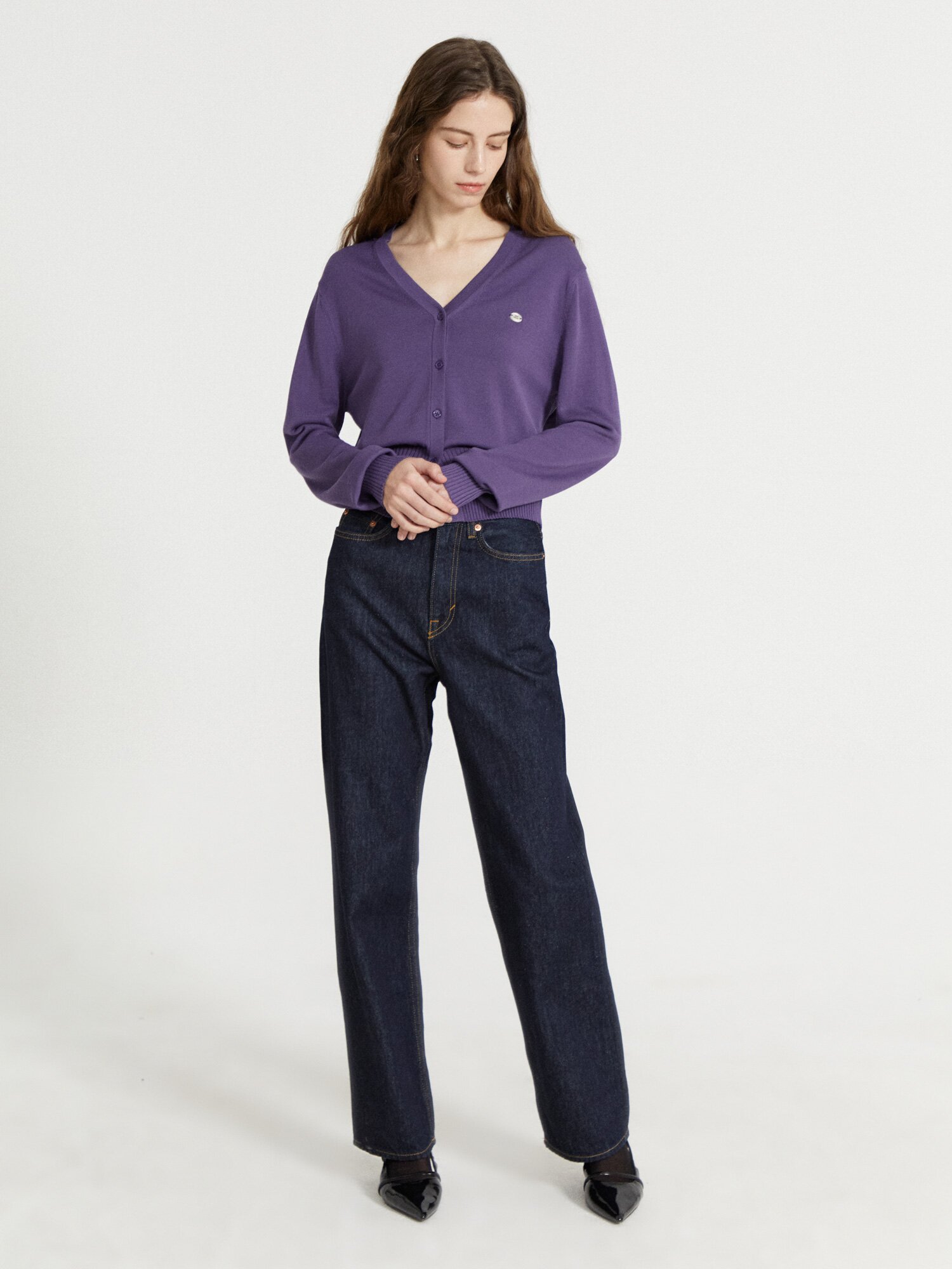 와이드 리브 브이넥 가디건 (PURPLE)