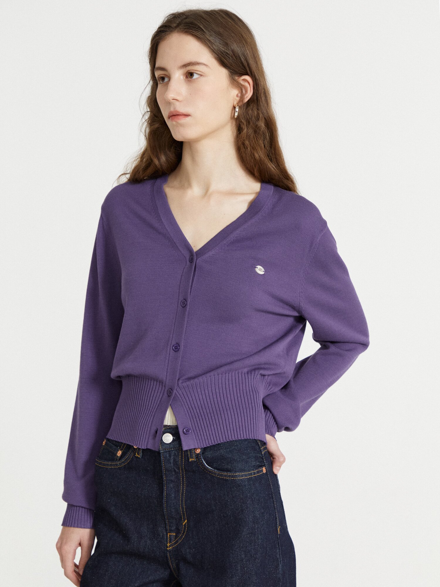 와이드 리브 브이넥 가디건 (PURPLE)