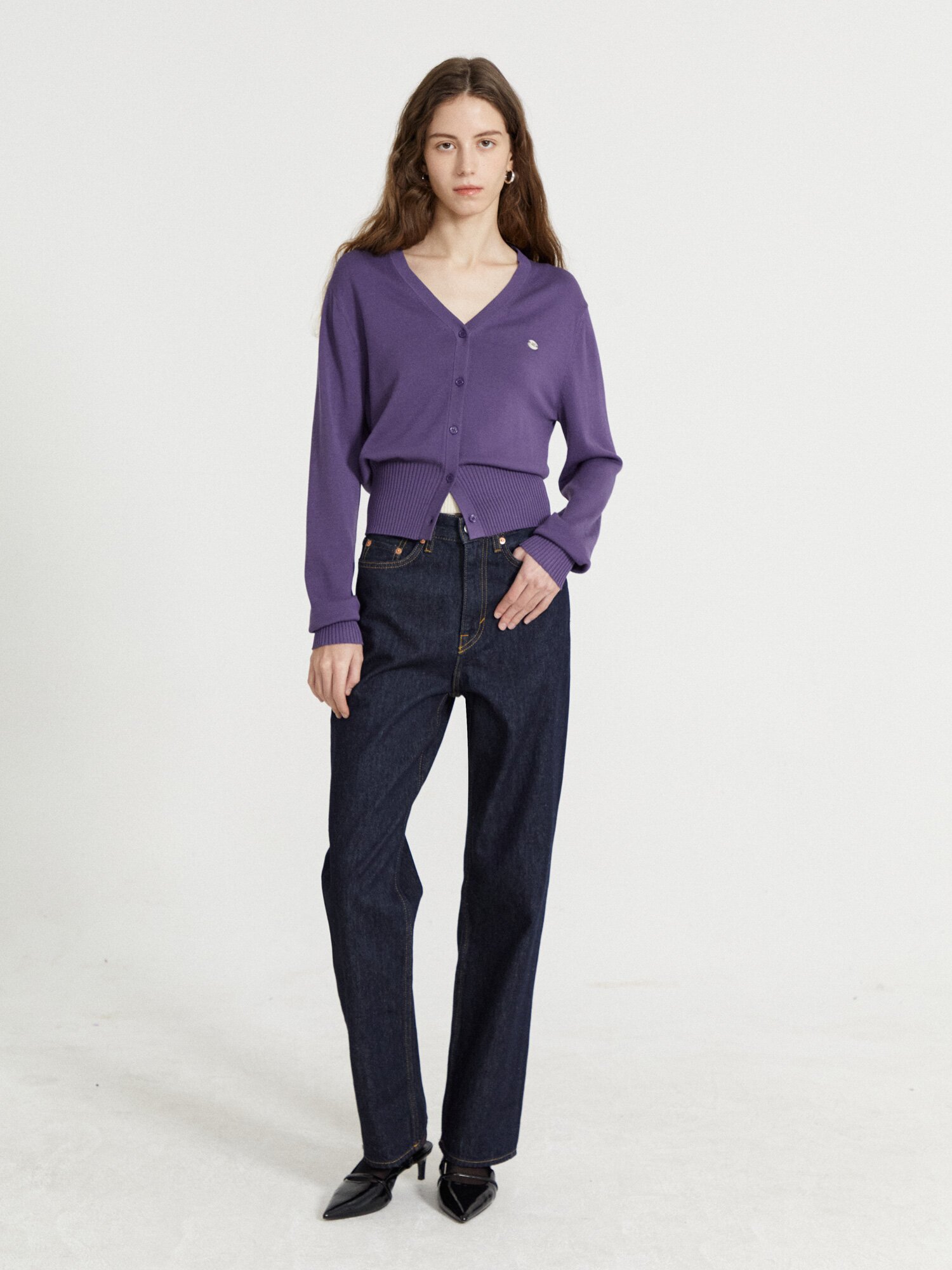 와이드 리브 브이넥 가디건 (PURPLE)