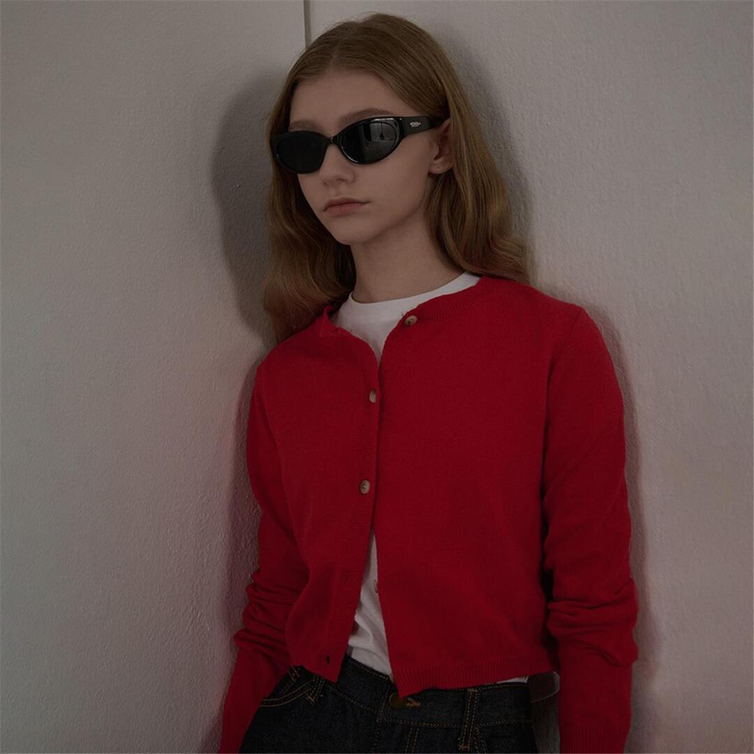 [카미노] ROUND NECK SEMI CROP CARDIGAN RED