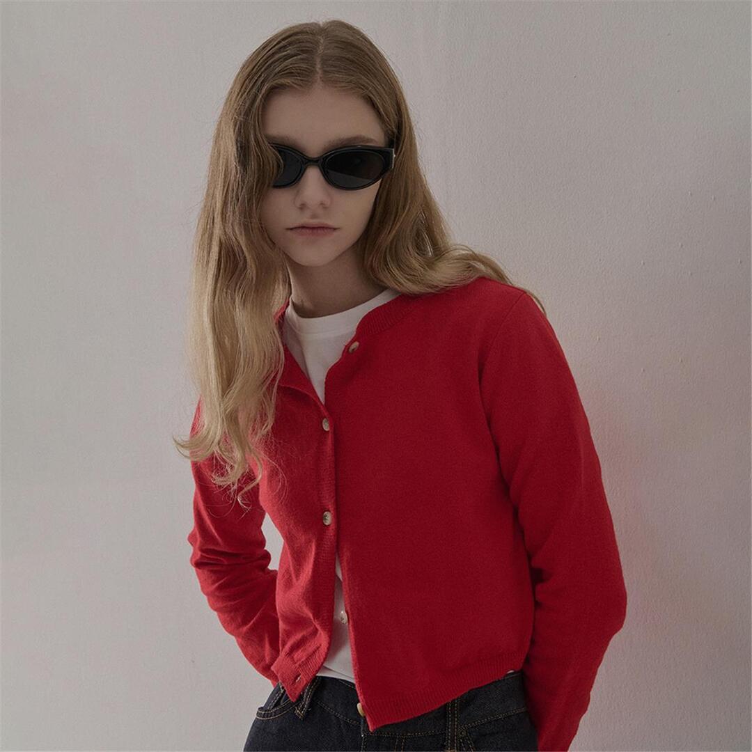 [카미노] ROUND NECK SEMI CROP CARDIGAN RED