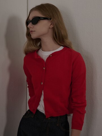 [카미노] ROUND NECK SEMI CROP CARDIGAN RED