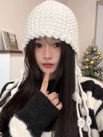 리크리 뜨게 스트랩 여성 보넷 버킷햇 울 니트 벙거지 모자