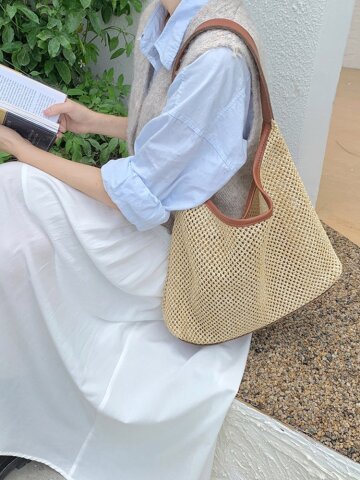 캐린 여름 그물 가방 밀짚 왕골 라탄 휴양지 비치 숄더백