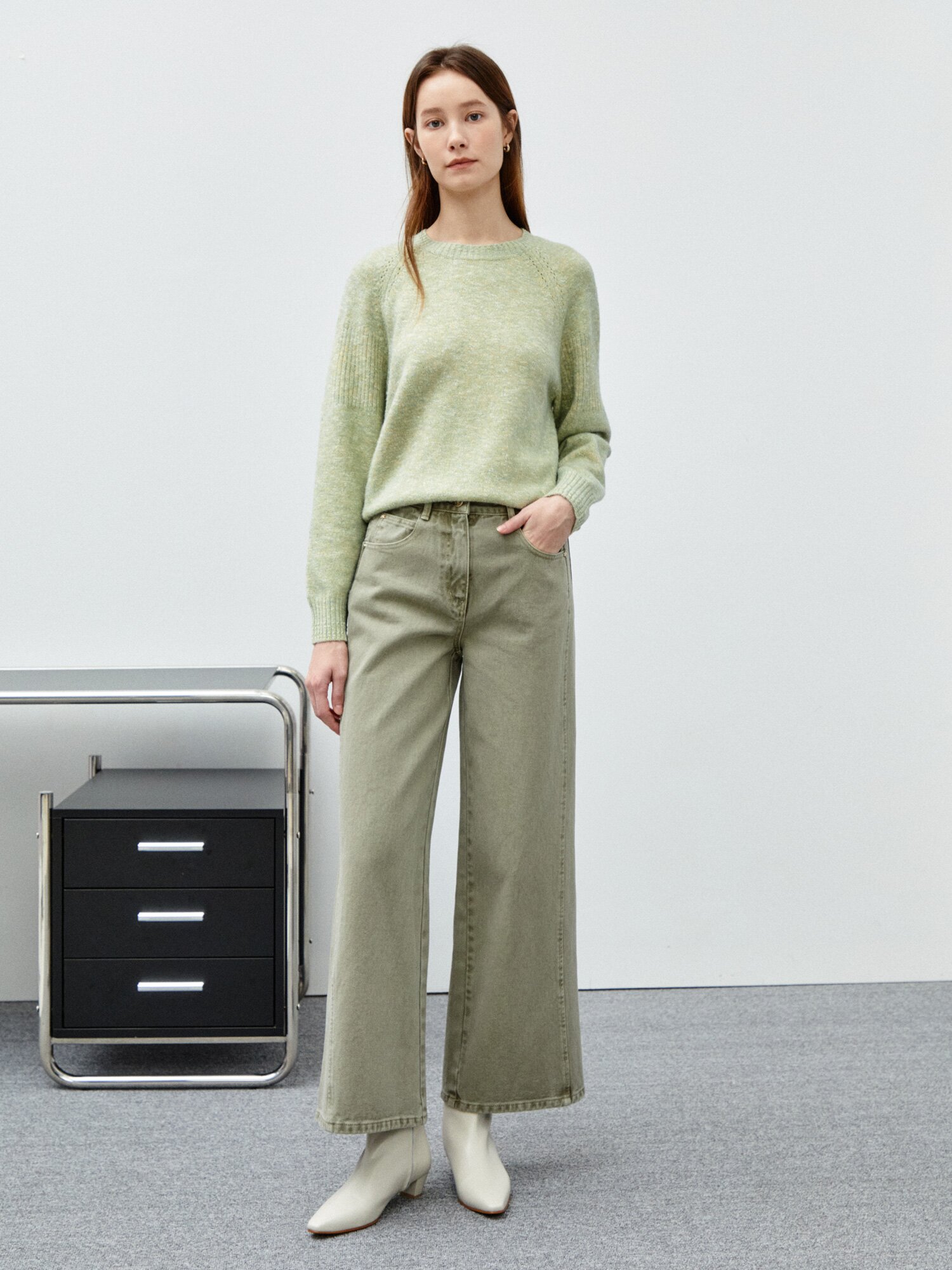 투버튼 와이드 카키 데님팬츠 (KHAKI)