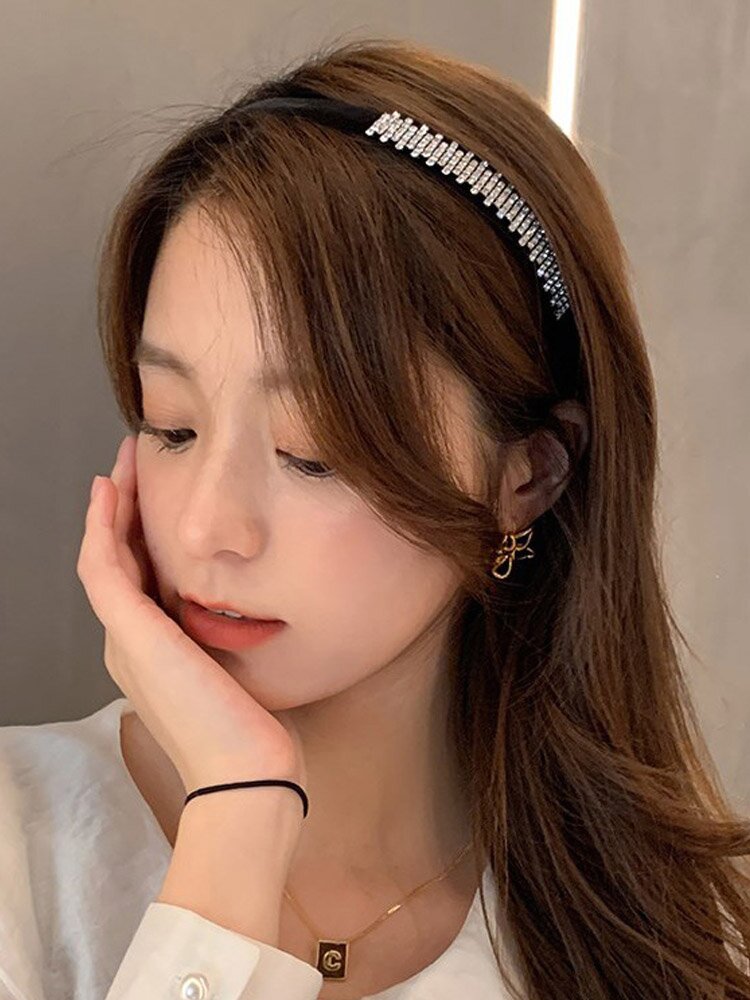 럭셔리 빛나는 큐빅 벨벳 연예인 머리띠 겨울 명품 헤어밴드