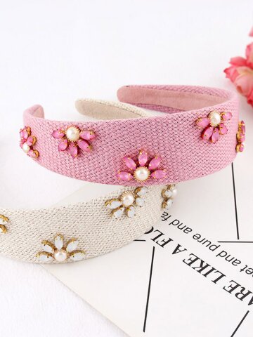 랜르 꽃무늬 넓은 보석 진주 헤어밴드 머리띠