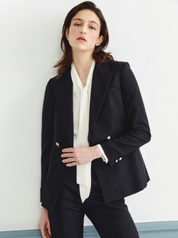 울 피크드 라펠 더블 재킷 