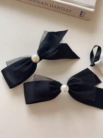 헤린 블랙 리본 포인트 진주 언발 헤어 머리핀 리본핀