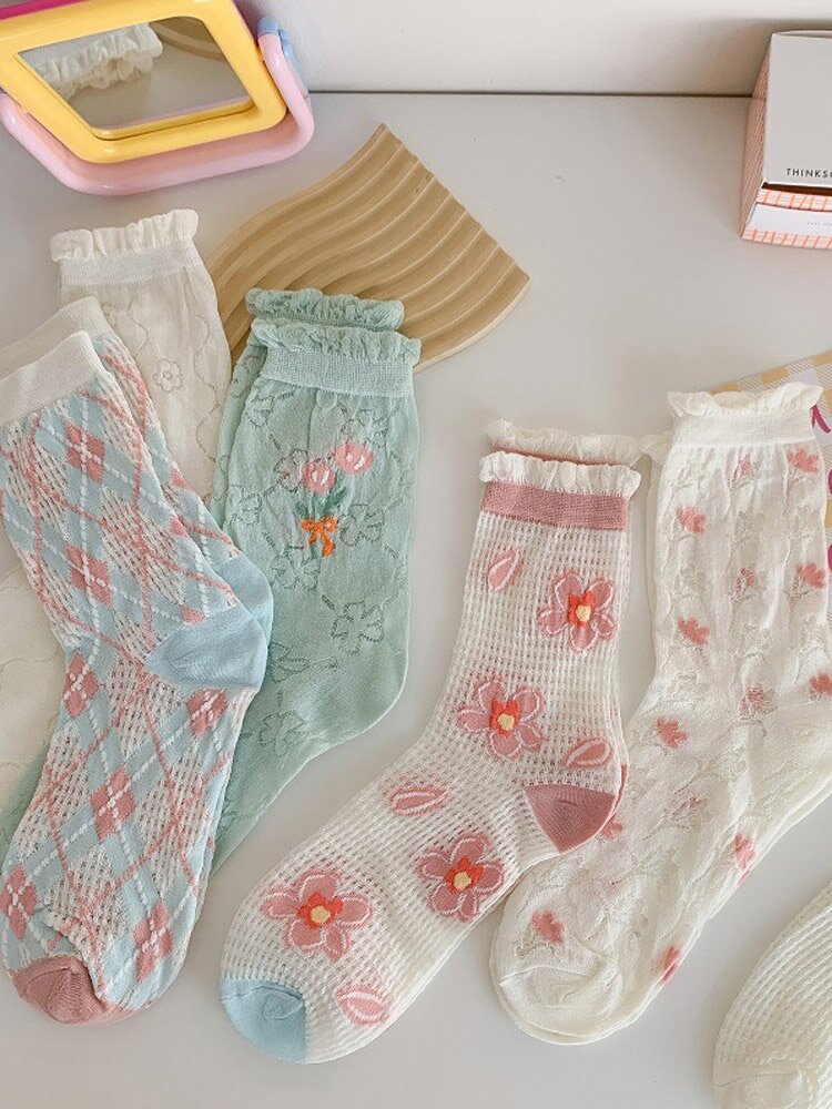 04/29 발송! 오로라 시스루 플라워 파스텔 레이스 컬러 목 양말 6켤레 세트