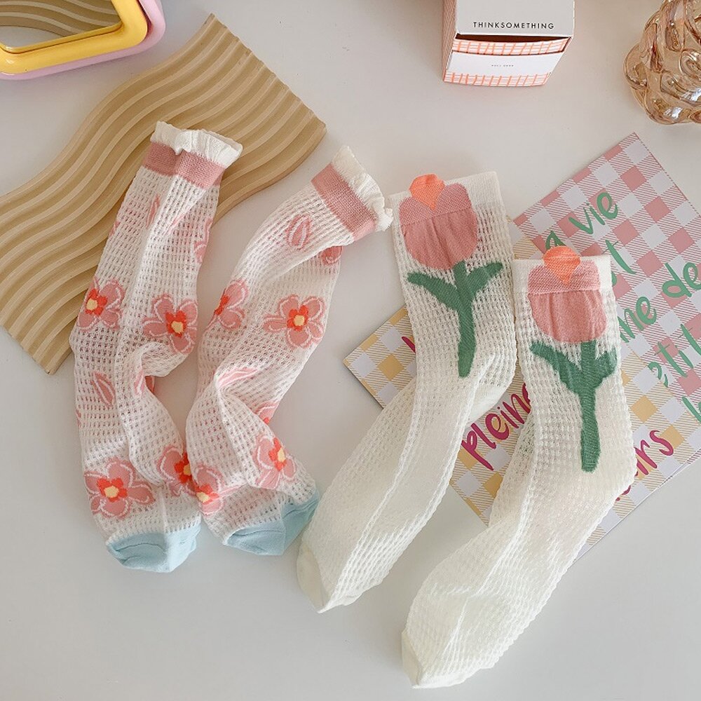 04/29 발송! 오로라 시스루 플라워 파스텔 레이스 컬러 목 양말 6켤레 세트