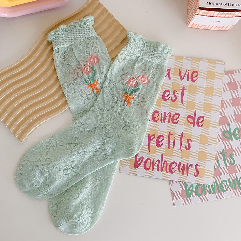 04/29 발송! 오로라 시스루 플라워 파스텔 레이스 컬러 목 양말 6켤레 세트