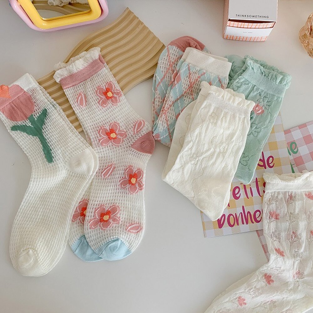 04/29 발송! 오로라 시스루 플라워 파스텔 레이스 컬러 목 양말 6켤레 세트