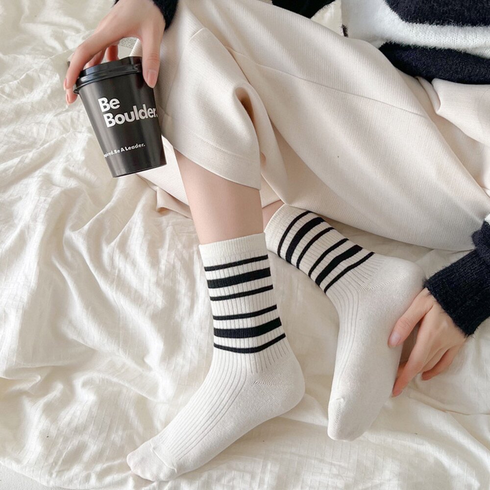 디나 쫀쫀한 줄무늬 골지 무압박 목 양말 5켤레 세트