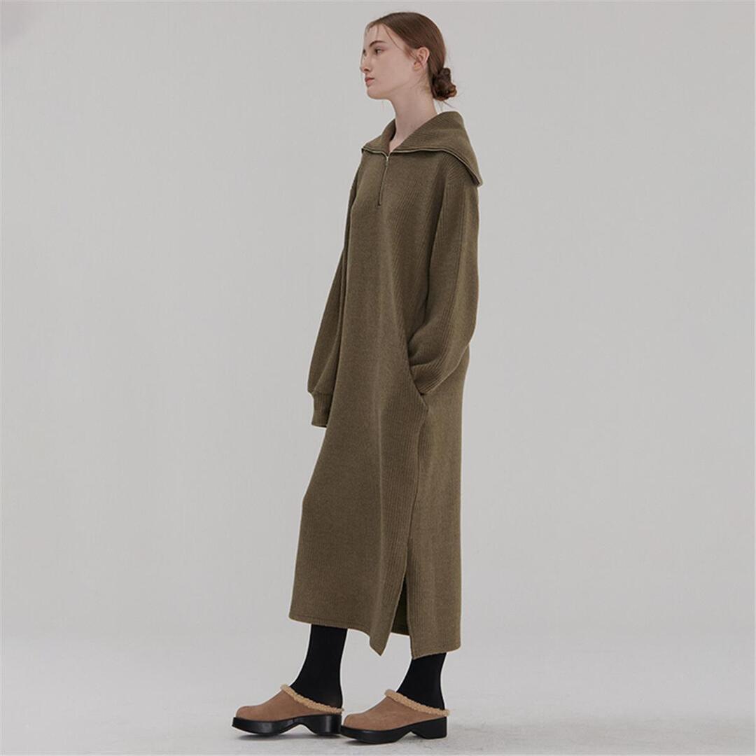 [카미노] RIBBED HALF ZIP-UP KNIT ONEPIECE KHAKI