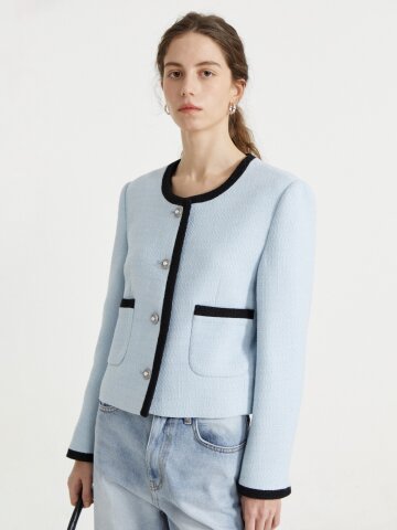 배색 라운드넥 크롭 재킷 