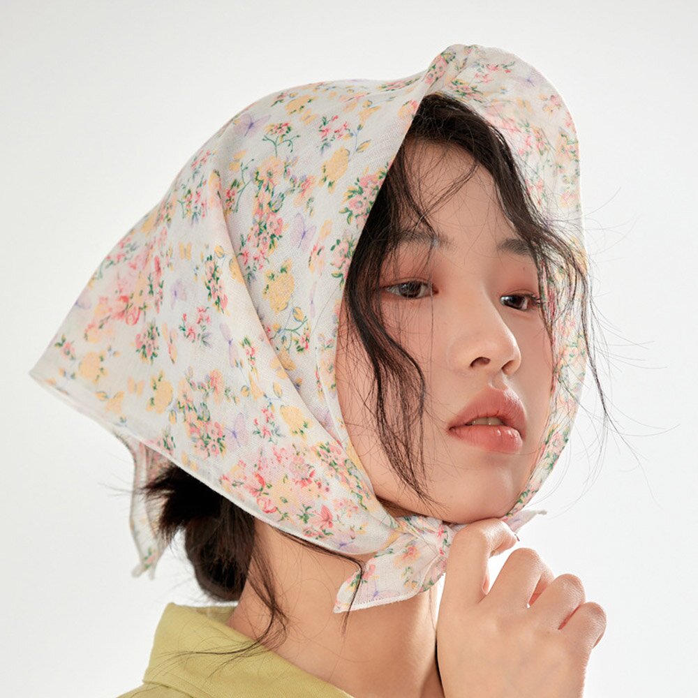 비도린 여성 사각 잔잔한 플라워패턴 미니 쁘띠 면 스카프