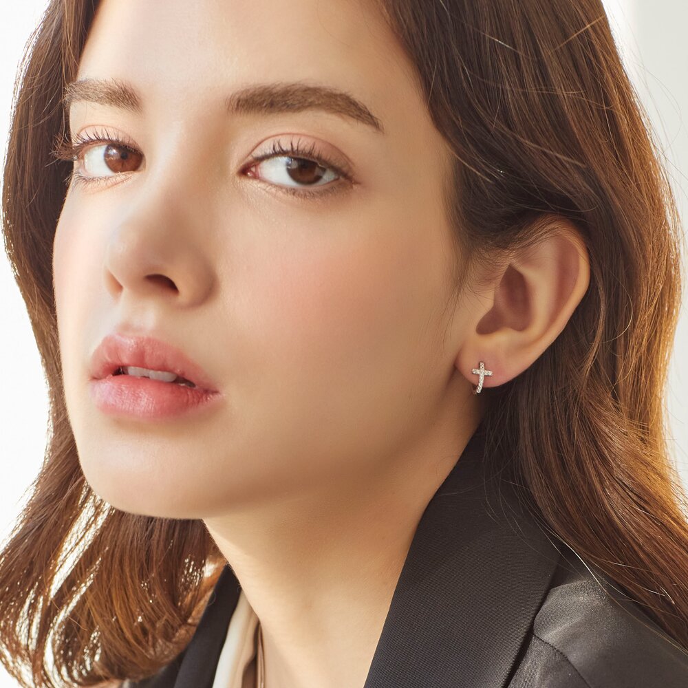미르티 실버925 십자가 큐빅 링 미니 원터치링 귀걸이