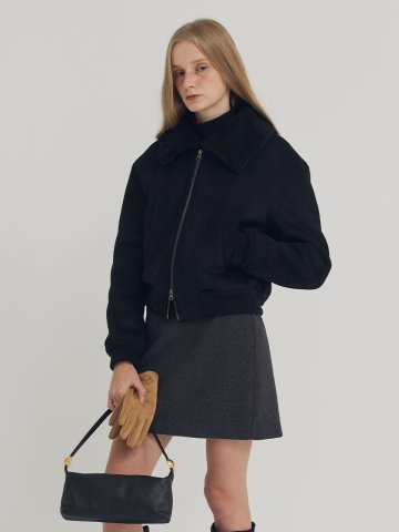 크롭 스웨이드 시어링 자켓 - 블랙