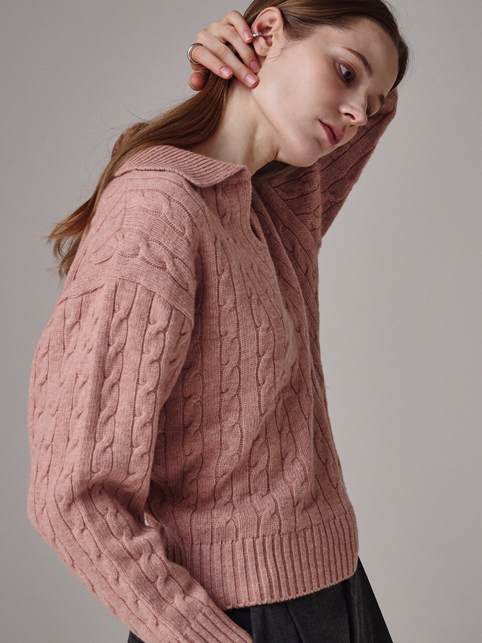 케이블 카라 니트 핑크