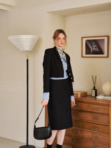Silk blended Tweed H-line Slit Skirt (black)