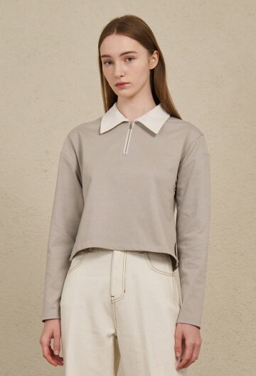 Shirt Collar Zip Up T-Shirts - L. Gray