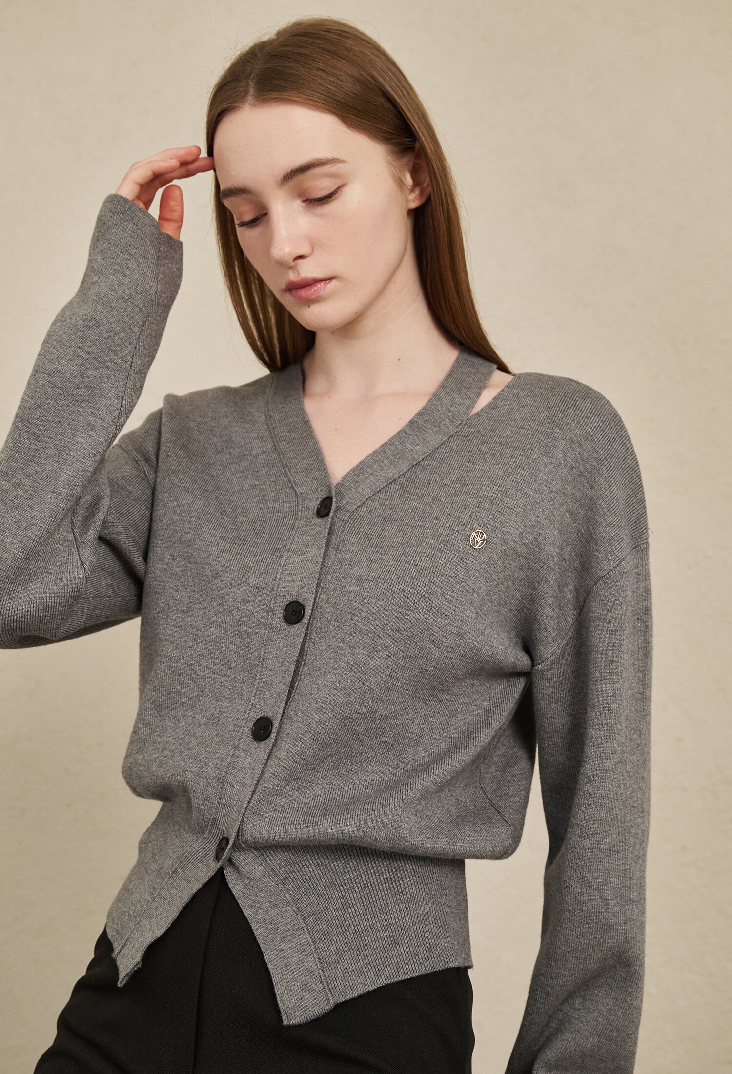 V-Neck Cut Out Cardigan - M. Gray