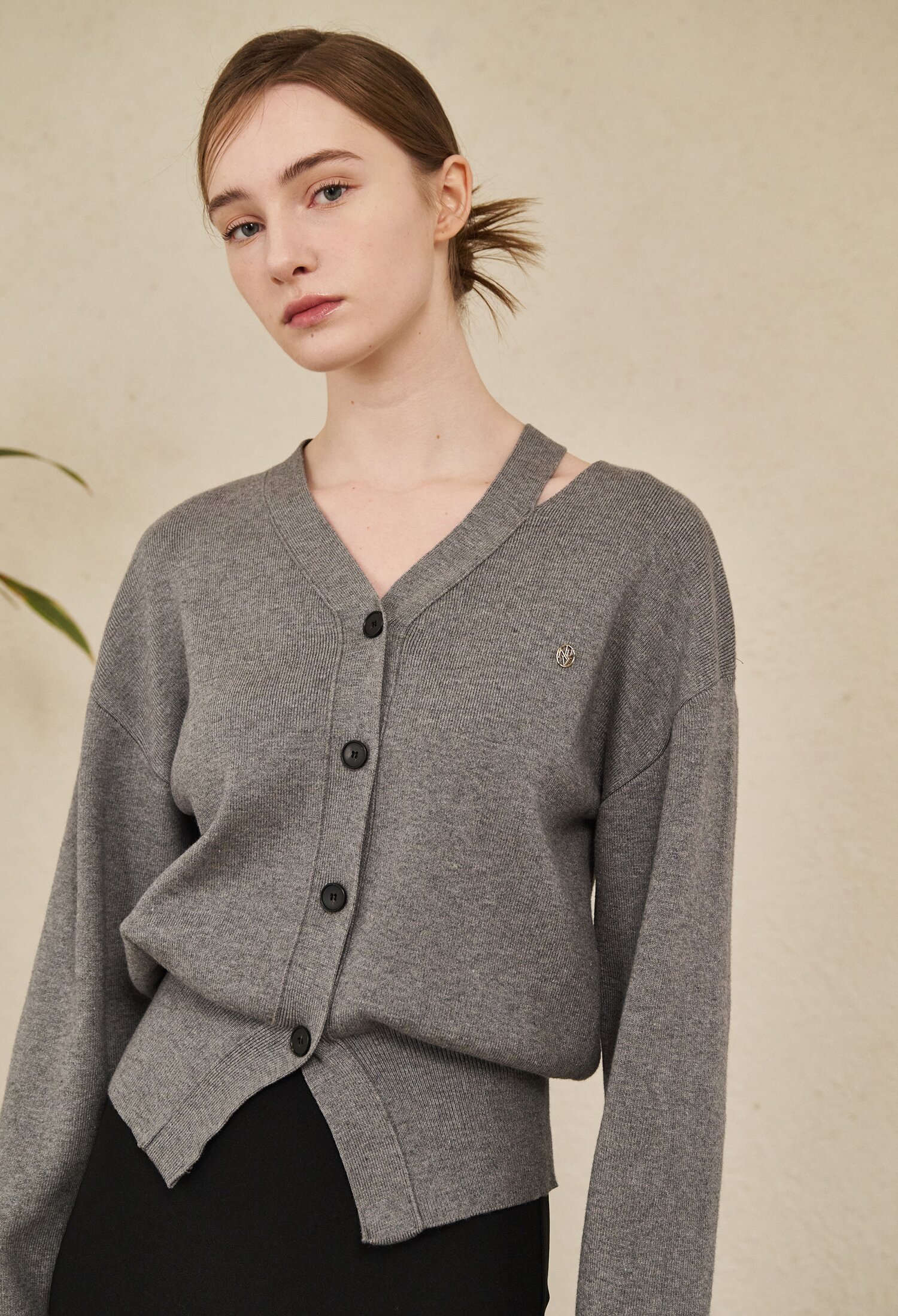 V-Neck Cut Out Cardigan - M. Gray