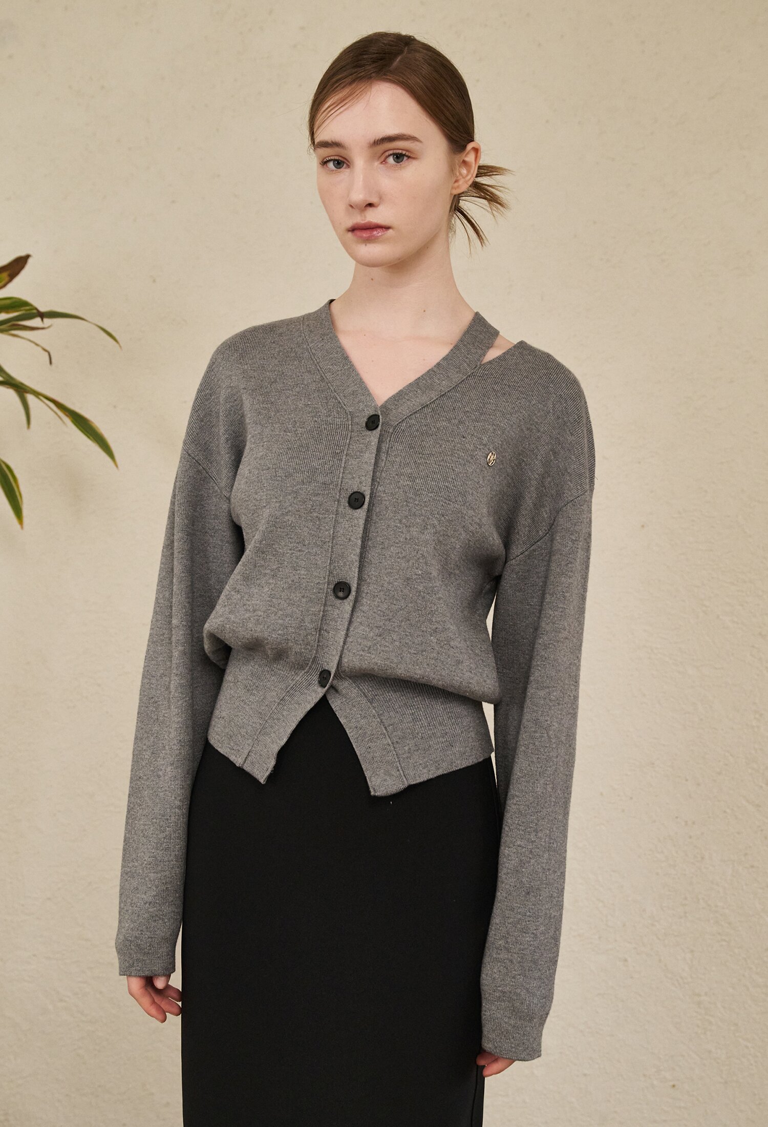 V-Neck Cut Out Cardigan - M. Gray