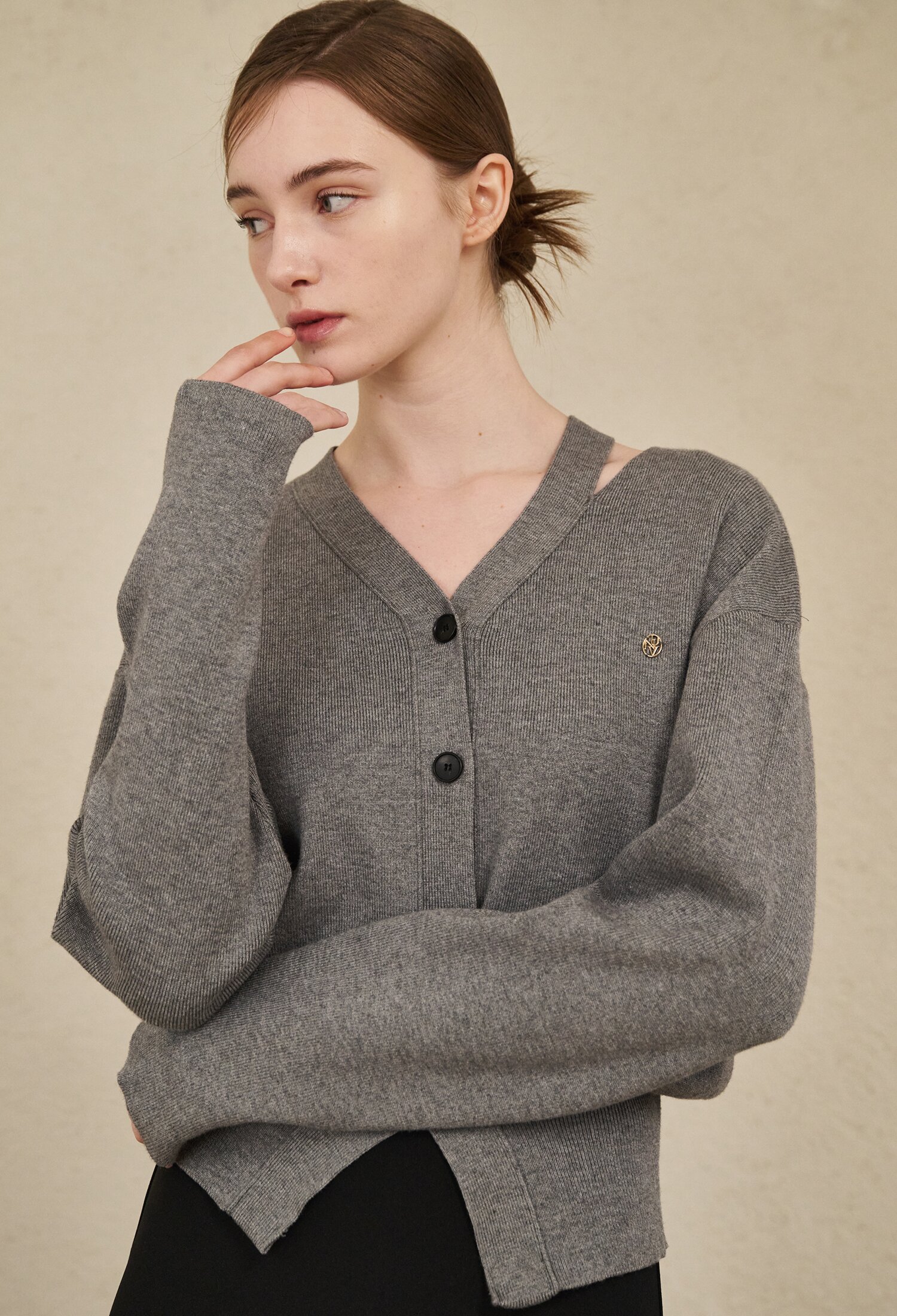 V-Neck Cut Out Cardigan - M. Gray