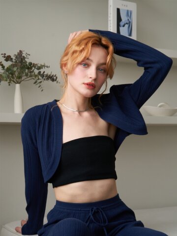 uneven ribbed bolero cardigan_navy