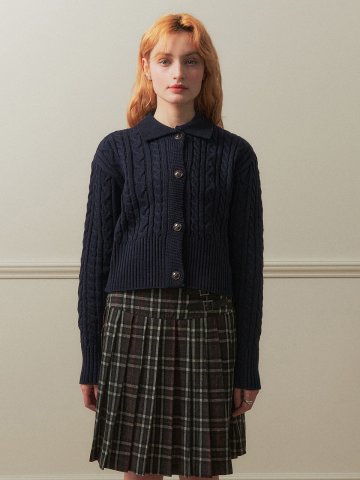 cable knit collar cardigan_navy