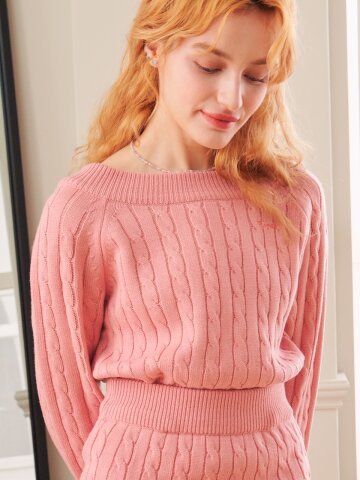 wool cable knit off the shoulder top_pink