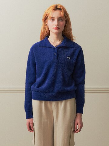 soft texture open button collar knit_cobalt blue