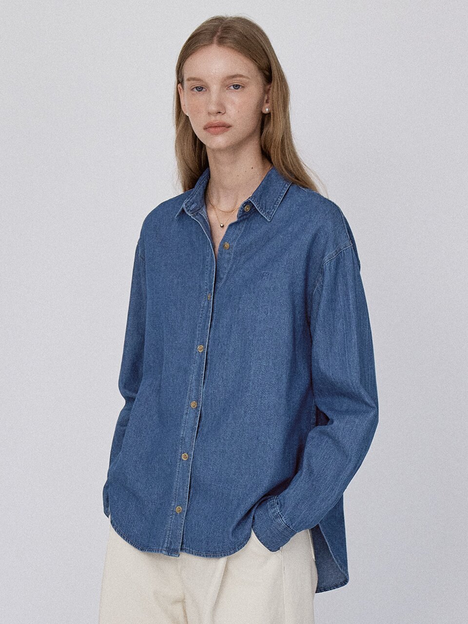Minimal Logo Denim Shirt - Mid Blue