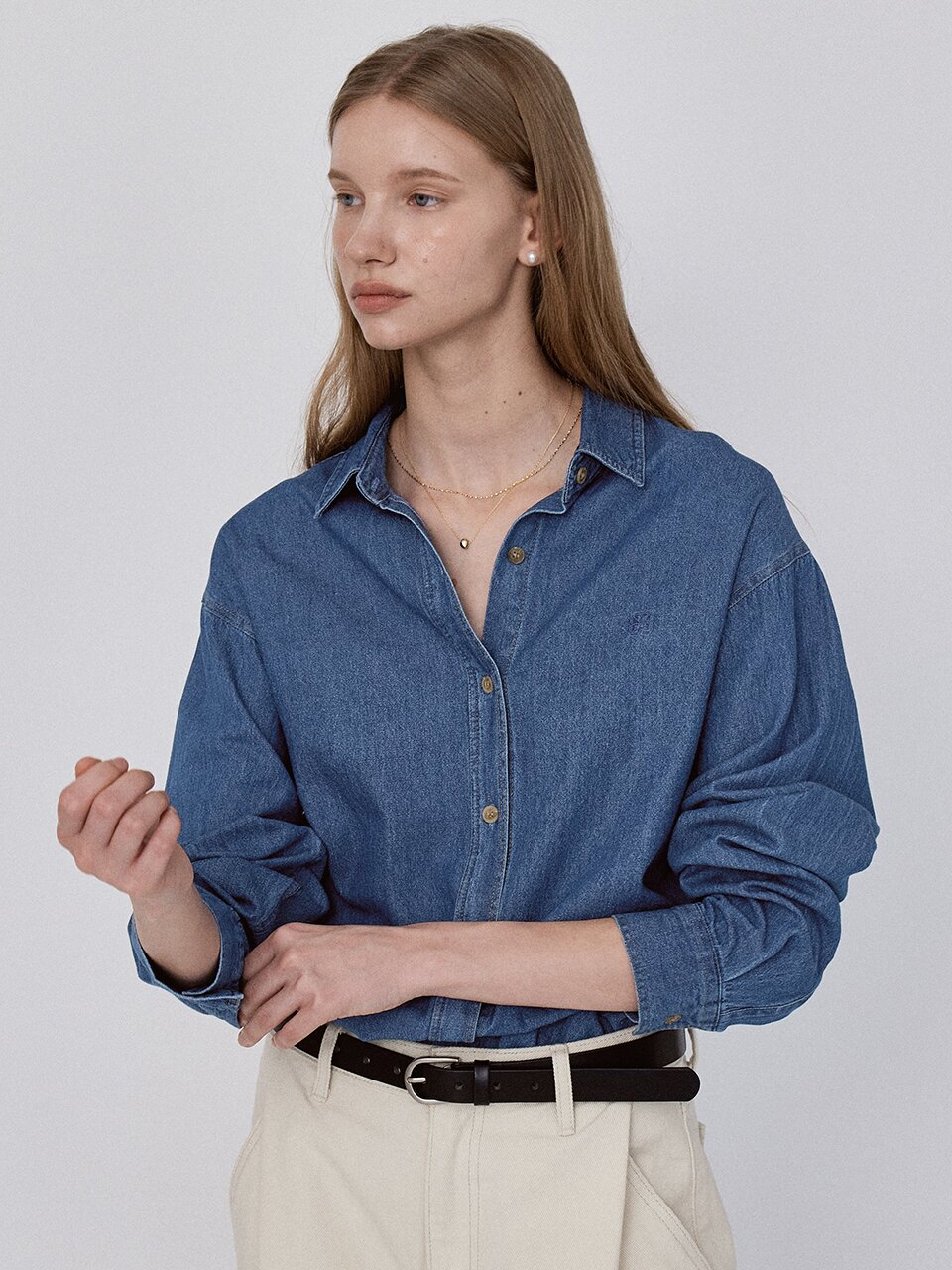 Minimal Logo Denim Shirt - Mid Blue