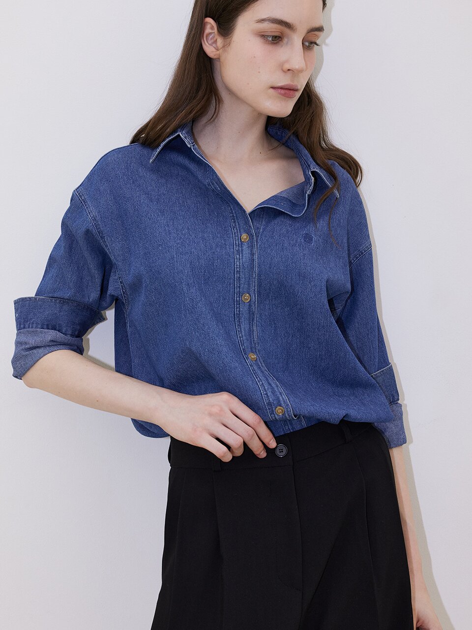 Minimal Logo Denim Shirt - Mid Blue