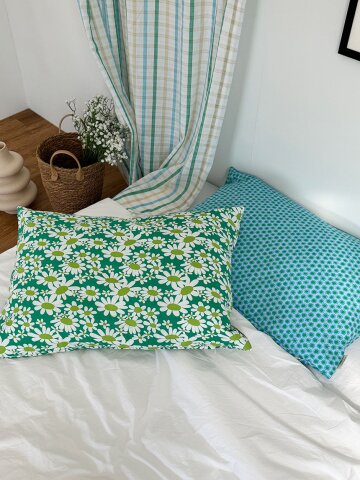 데이지 그린 블루 플라워 배게커버