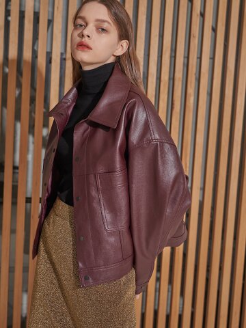 Faux Leather Cropped Jacket Wine