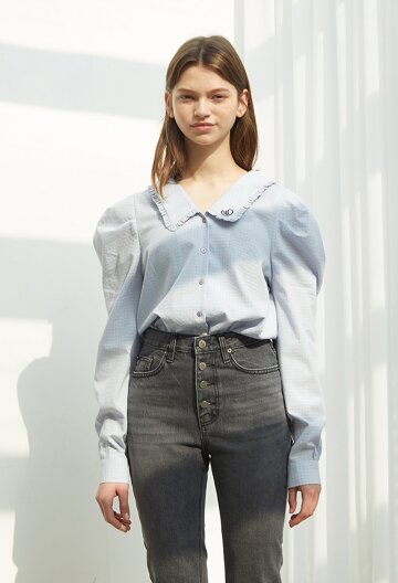 PUFF SLEEVE CHECK SHIRT I L.BLUE