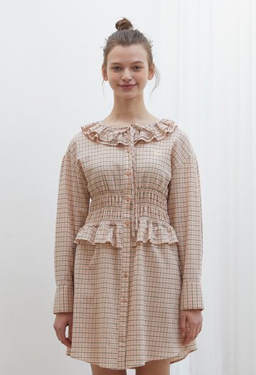 SHIRRING WAIST CHECK DRESS I ORANGE